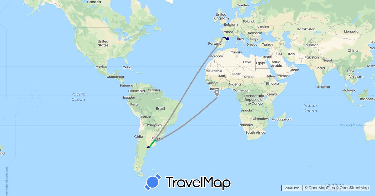 TravelMap itinerary: driving, bus, plane, boat in Argentina, Spain, France, Uruguay (Europe, South America)